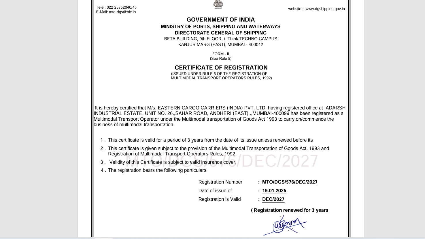 MTO Registration Certificate
